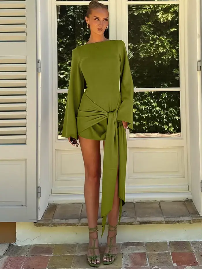 Dulzura 2025 automne mode élégant col rond à manches longues coupe ajustée à lacets Mini robe dames 