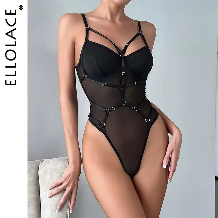 Ellolace čipkovaný body s podväzkom priesvitný obtiahnutý vrch bezošvý sieťovaný jednodielny elegantný fantazijný Sexy Teddy