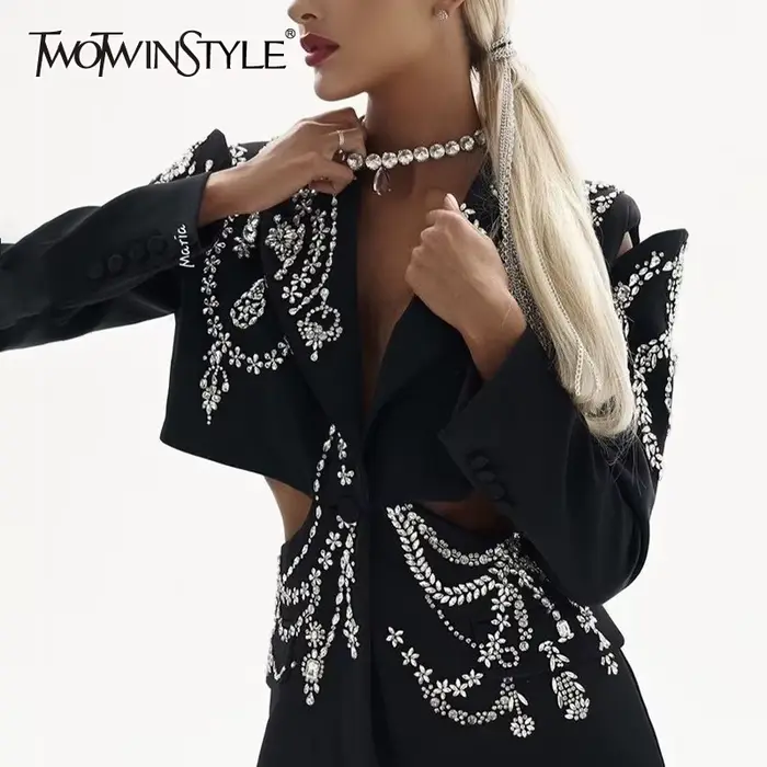 TWOTWINSTYLE Dierový patchwork diamantový blazer pre ženy s výstrihom