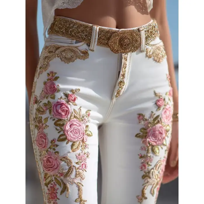 Jeans à jambes droites à imprimé floral pour femmes, style européen et américain, pantalon en denim 