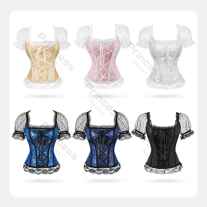 Korzet s rukávmi princezná korzet čipka Top kvetinový korzet pre ženy Plus veľkosť Vintage korzet čipka-up Bustier ružová modrá zlato