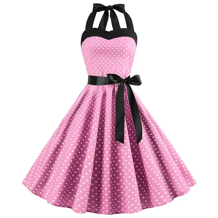 Robe Sexy rétro blanche à pois, Hepburn, Vintage, col licou, Robe de soirée, années 50 et 60, Pin Up
