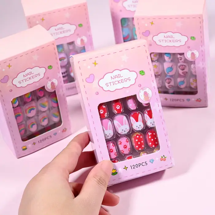 120 pièces/boîte rose dessin animé enfants presse sur ongles couleur bonbon licorne chat lapin enfan