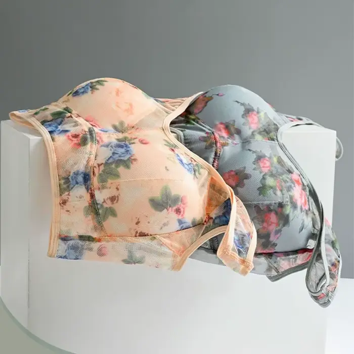 Soutien-gorge de nuit push-up en dentelle florale pour femme, sans couture, grande taille, imprimé floral, sous-vêtement type débardeur, avec bande élargie, en maille de soie glacée, pour personnes âg