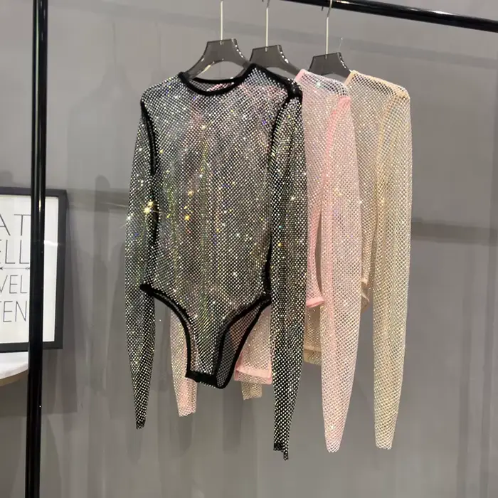 Combinaison en résille à paillettes brillantes, Sexy, transparente, à la mode, pour dames, boîte de nuit, fête, Fiber de Polyester, manches longues, haute élasticité