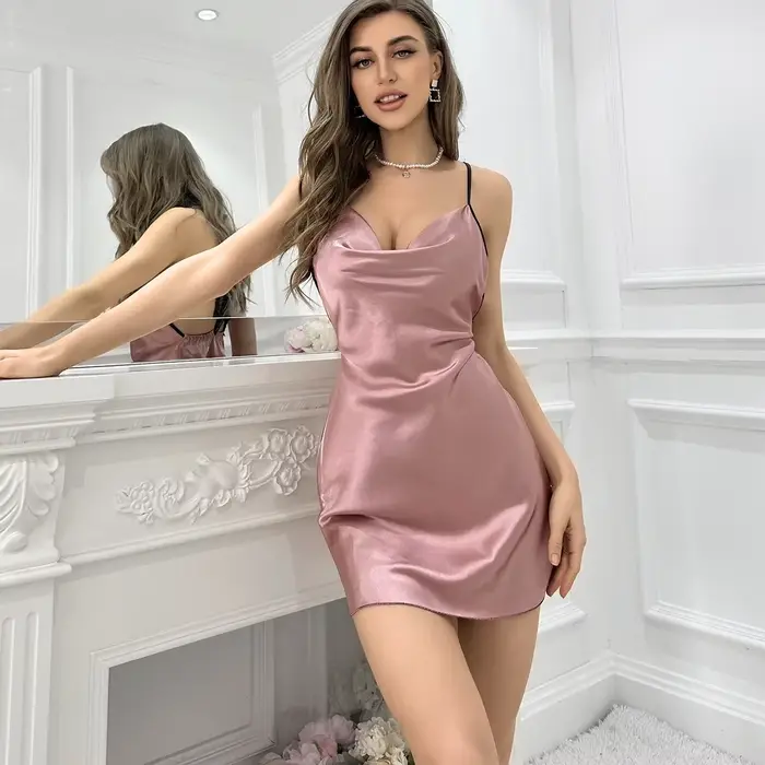 Pevná hodvábna letná nočná košeľa, V-Neck, dámske oblečenie na spanie, motýle krížové popruhy, nahé späť, mini tenké šaty