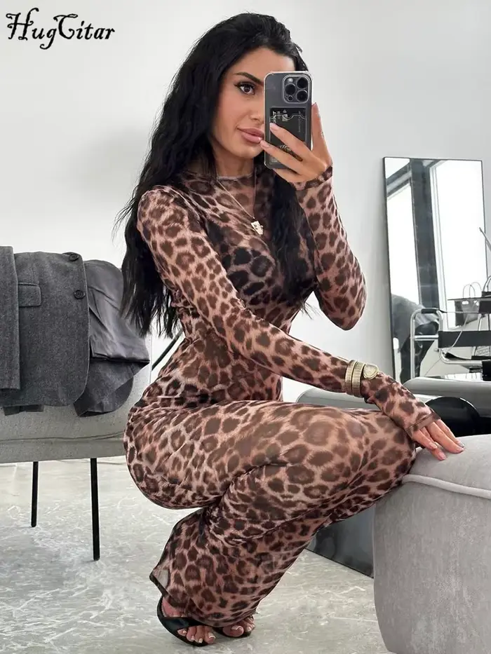 Hugcitar leopardová potlač sieťovaná s dlhými rukávmi Sexy tenká priesvitná Maxi šaty jeseň ženy móda oblečenie pláž dovolenka Club