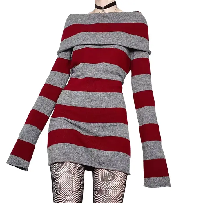 Y2K Pruhované Mini Šaty Mall Goth Grunge Emo Priliehavé Elegantné Pre Ženy S Odhalenými Ramenami Dlhé Rukávy Slim Fit