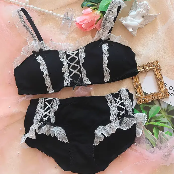 Čipka Lolita podprsenka bielizeň nastaviť retro štýl Kawaii čierna s motýlik pre dievčatá špeciálne príležitosti