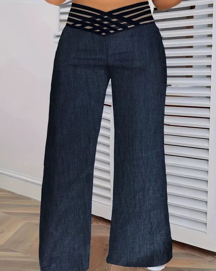 Jeans taille large pour femmes avec ceinture croisée bleu denim style décontracté et sexy pour toutes les saisons occasions spéciales et quotidienne