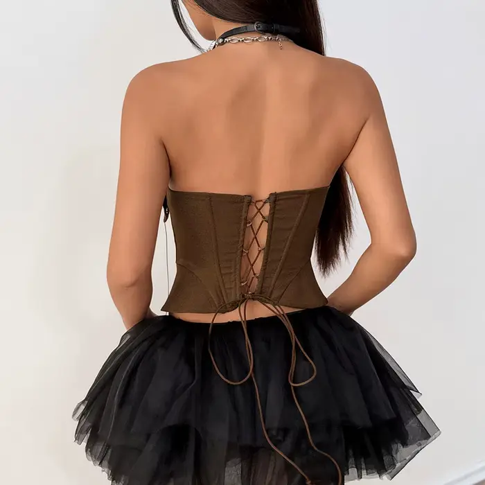 Hnedý korzet pre ženy, šnurovaný bustier