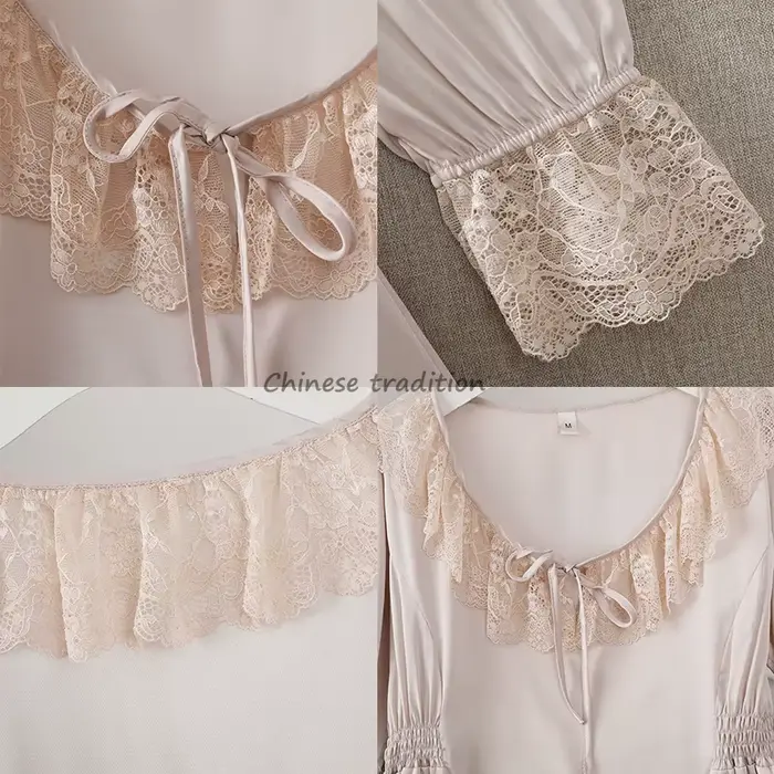 Štýlová fialová nočná košeľa, Vintage, Čipka Krk, Nočné oblečenie, Rayon, Satén, S dlhými rukávmi, Spodná bielizeň, Nočné oblečenie