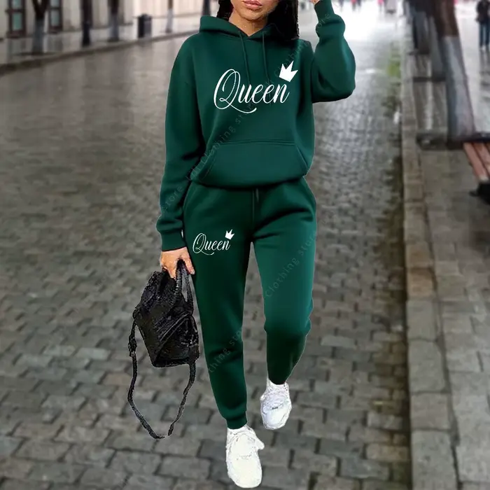 Ensemble 2 pièces pour femme avec imprimé graphique Queen Letter, sweat à capuche et pantalon, tenue