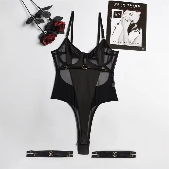 Ensemble de Lingerie Sexy une pièce, dos nu, body pour femmes, maille noire, Patchwork, sous-vêtements érotiques, transparent, intime