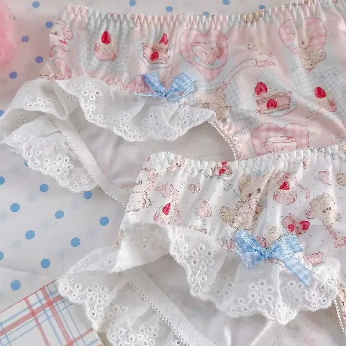Culotte à volants en dentelle avec nœud papillon pour femme, joli sous-vêtement imprimé ours de dessin animé, Lolita Dot, taille basse, slip pour filles, lingeries douces