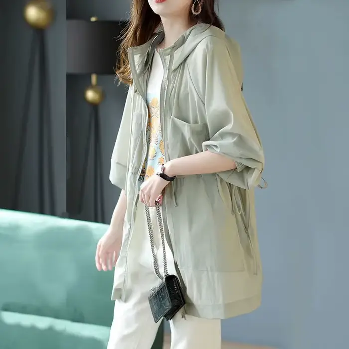 Lightweight Hooded Sunscreen Jacket Women's Mid-Long White Windbreaker Waist-Breathable Summer 2022 