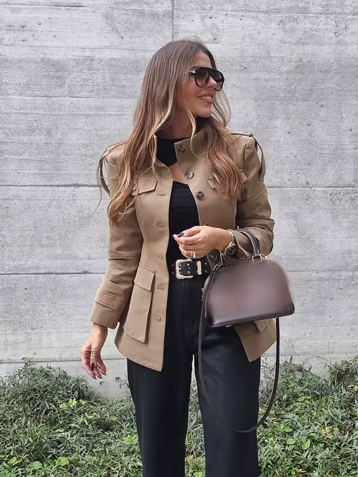 HH femmes automne mode vestes manches longues col haut poches simple boutonnage décorer manteaux fem