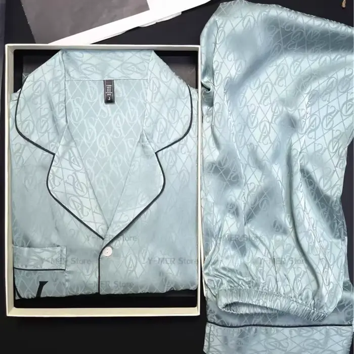 Zelená tlač pyžamový set, dlhé rukávy, dámske oblečenie na spanie, luxusné, rayon, domáce oblečenie, písmeno V, relaxačné oblečenie, 2 kusy