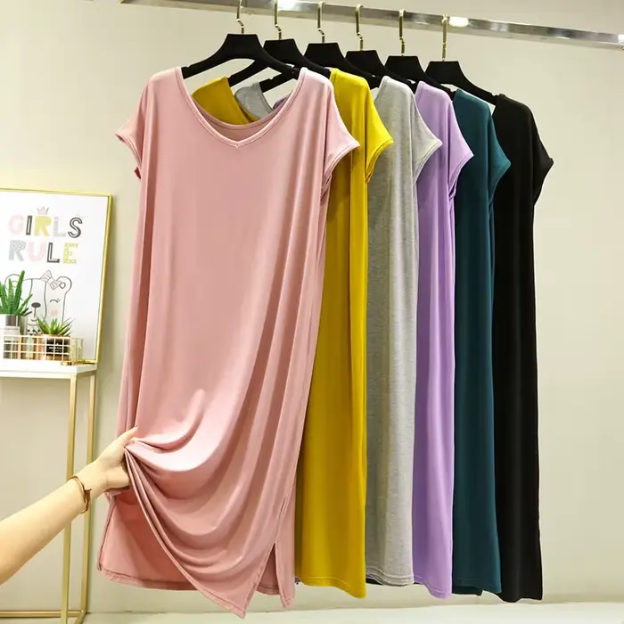 Dámska stredne dlhá nočná košeľa, V-neck, linka A, kolená, pre domov, koniec, leto