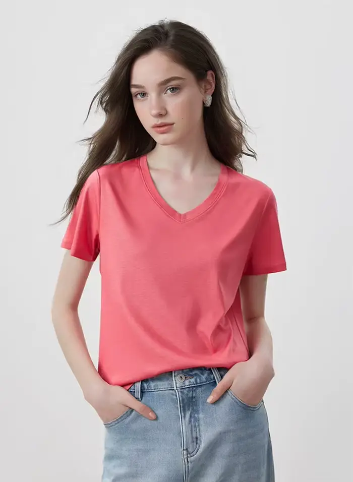 T-shirt en coton mercerisé et soie 5% pour femme, col rond, couleur unie, coupe ample, décontracté, 
