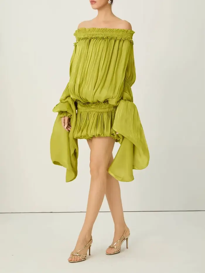 Robe ample unie à plis et empiècements TWOTWINSTYLE pour femme, col bateau, manches longues, robes a