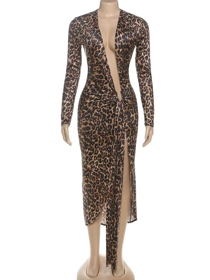Robe Y2K pour femmes, imprimé léopard, chat bizarre, Sexy, décolleté en v profond, ruban froncé, sli