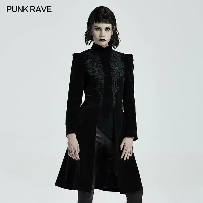 PUNK RAVE-Manteau mi-long gothique pour femme, magnifique veste rétro, velours de trame de haute qua