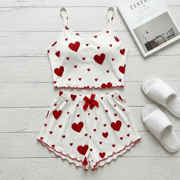 Móda Love Heart dámske pyžamo set, domáce oblečenie, dvojdielne letné pyžamo, luk, košieľka, šortky, pyžamo pre dievča