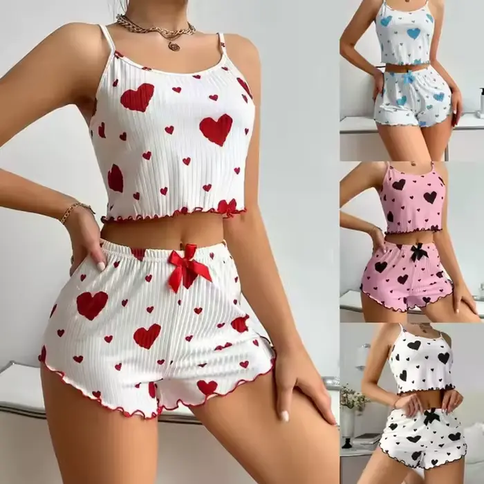 Sada pyžam v tvare srdca pre ženy, topy a šortky bez rukávov, tlač lásky, relaxačné oblečenie na jarnú sezónu, mäkké a sexy