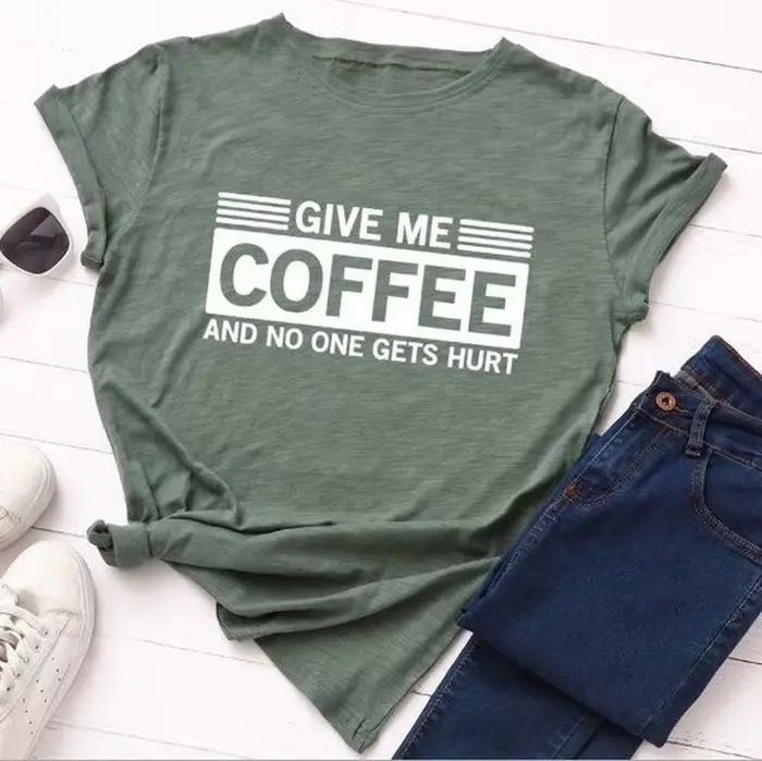 T-shirt manches courtes col rond pour femme, estival et estival, avec lettres imprimées "Give Me Cof