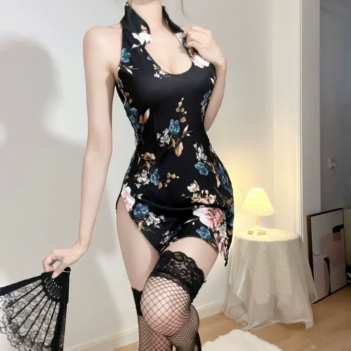 Čínsky štýl Cheongsam spodná bielizeň, tesná tlačená uniforma bez rukávov so slotom, zmyslové a zvodné výrezy pre ženy