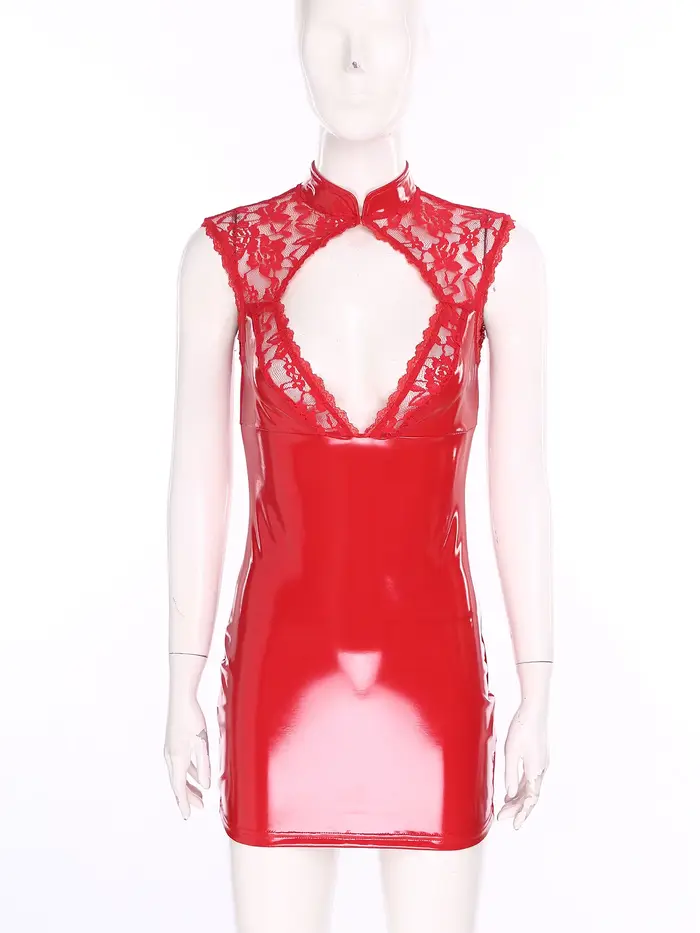 Lesklé PU Bodycon šaty s priehľadnou kvetinovou čipkou pre ženy, Sexy Silueta, Slim Fit, Príležitosti Clubwear, Raves, Gala strany
