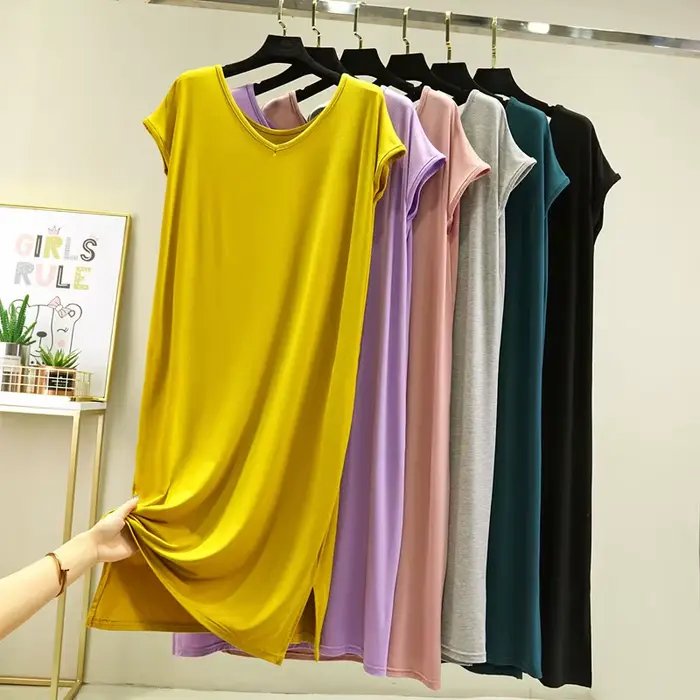 Dámska stredne dlhá nočná košeľa, V-neck, linka A, kolená, pre domov, koniec, leto