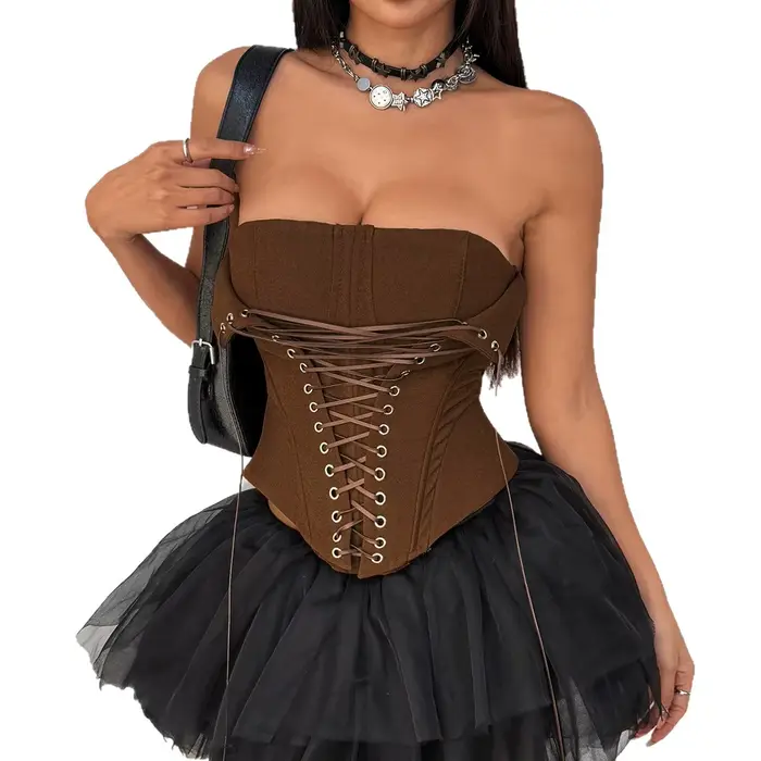 Hnedý korzet pre ženy, šnurovaný bustier