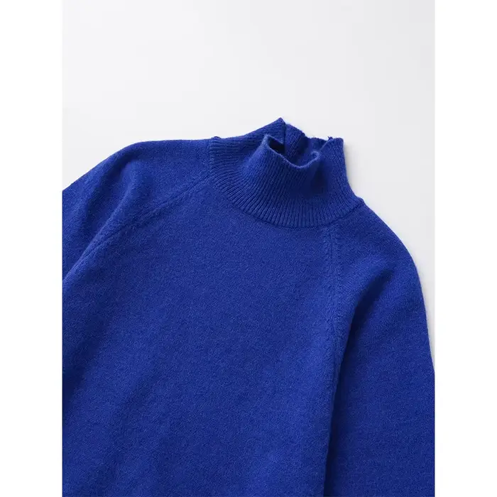 Pull en tricot bleu à manches larges pour femme, pull court à col haut, printemps 2025