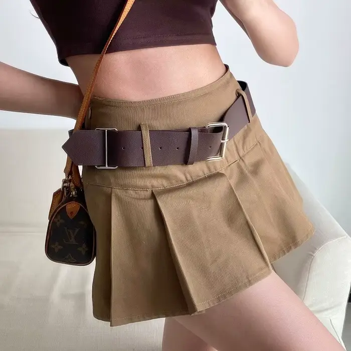 Karrram – Mini jupe plissée marron pour femmes, décontractée, taille haute, avec ceinture, mode coré
