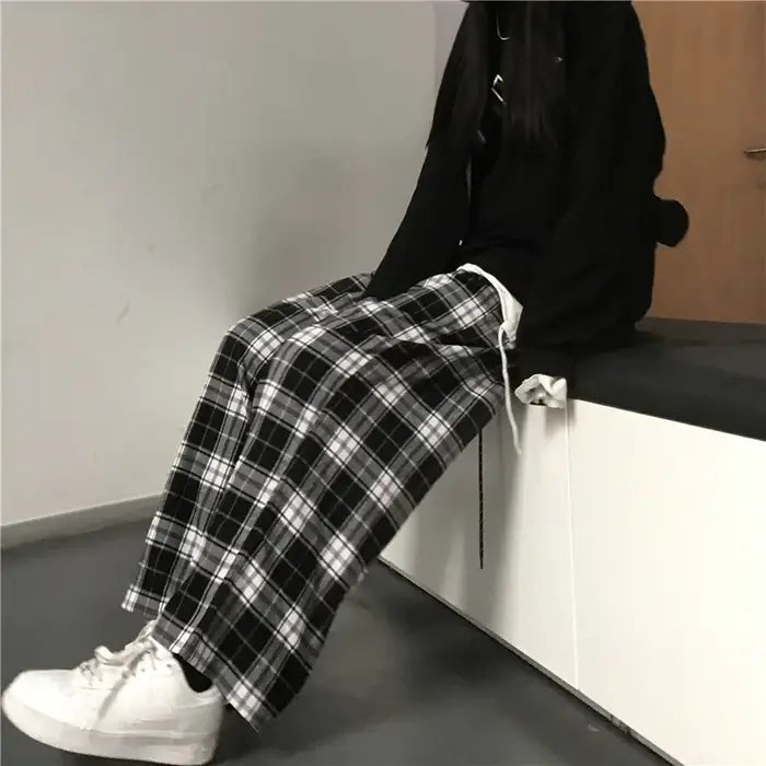 Pantalon de survêtement oversize pour femme, motif écossais noir, décontracté, coupe ample, taille é