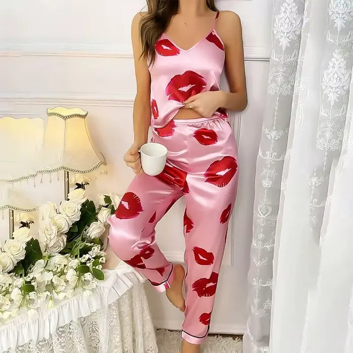 Jules tlačené saténové pyžamo set pre ženy, V-neck top a elastické nohavice, pohodlné pyžamo, nočné oblečenie