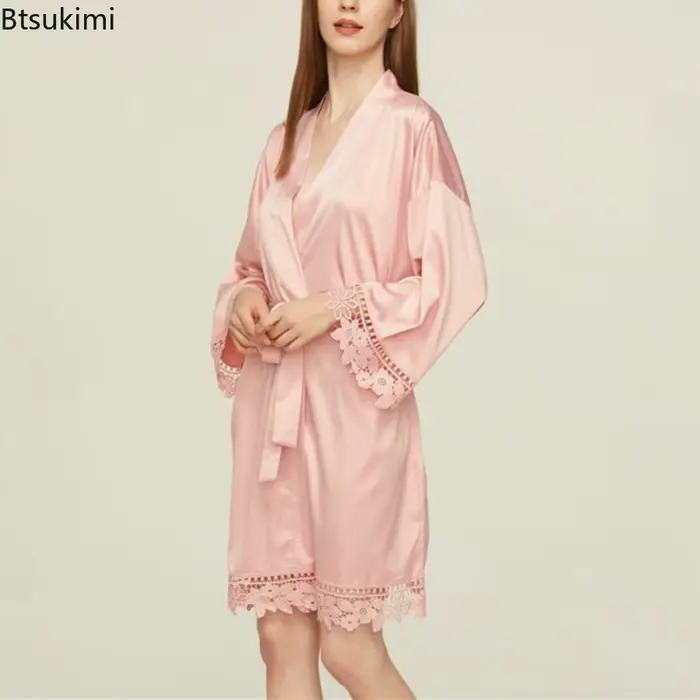 Dámske župany, pyžamo, jednofarebné, čipka, svadobné šaty, družičky, Kimono šaty, voľné, hodvábny satén, domáce oblečenie