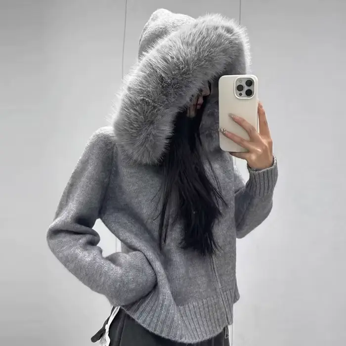 Tricots Cardigan femmes printemps mode tricoté veste femme automne à capuche réel manteau de fourrur