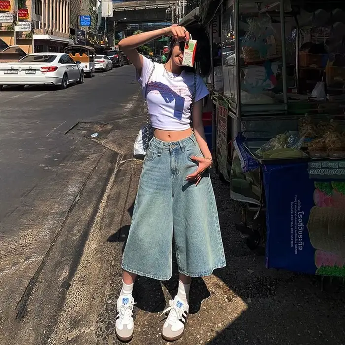 Jean Baggy Vintage pour femmes, Style américain, Y2k, ample, délavé, taille haute, longueur aux geno