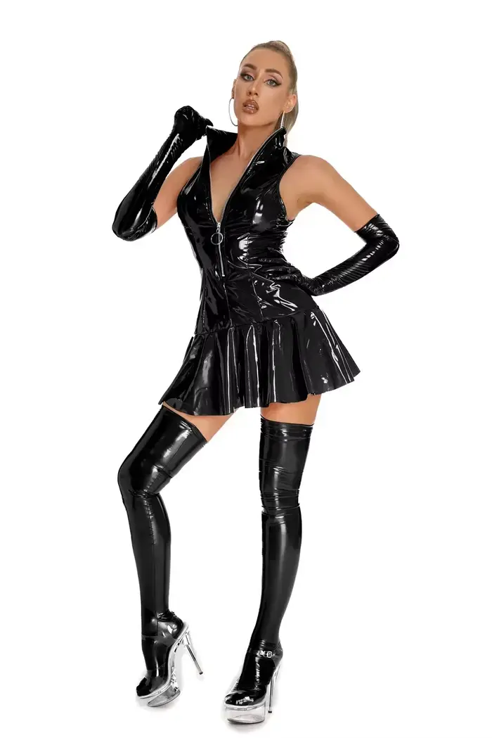 Robe parapluie en cuir PVC brillant pour femme, mini jupe en latex brillant, exposition de poitrine 