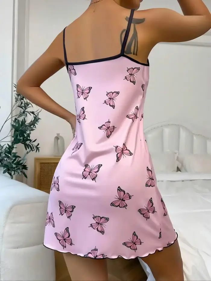 Ružový motýľ tlačené nočné oblečenie ženy Sexy spodná bielizeň okolo krku Split stehno nočná košeľa Nuisettes nočná košeľa ležérne oblečenie