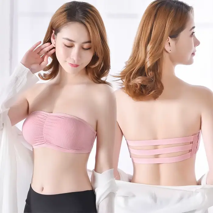 Soutien-gorge bandeau côtelé sans bretelles pour femme, anti-dérapant, froncé, coussinets amovibles respirants, crochets dorsaux réglables, occasion spéciale invisible sous-vêtement