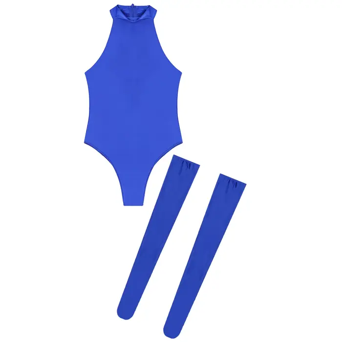 Lesklé dámske body, vysoký golier, bez rukávov, jednofarebné, trikot, plážové oblečenie, nočný oblek so stehnom