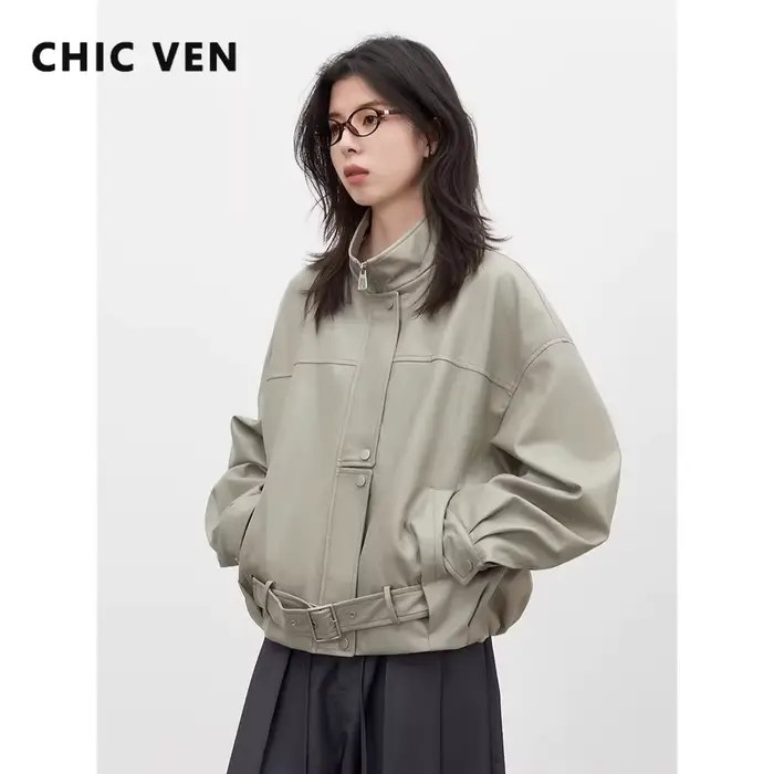 CHIC VEN Nouvelle Veste Courte Femme en PU Style Motard Coupe Ample Col Montant Unie Coupe-Vent Prin