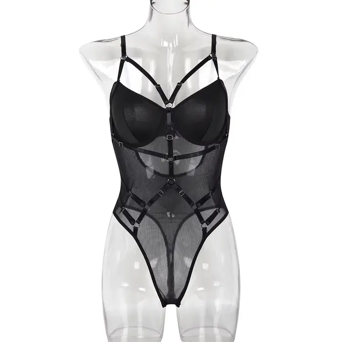 Nouveau Body en dentelle pour femme 2026 avec porte-jarretelles, haut moulant transparent en maille 