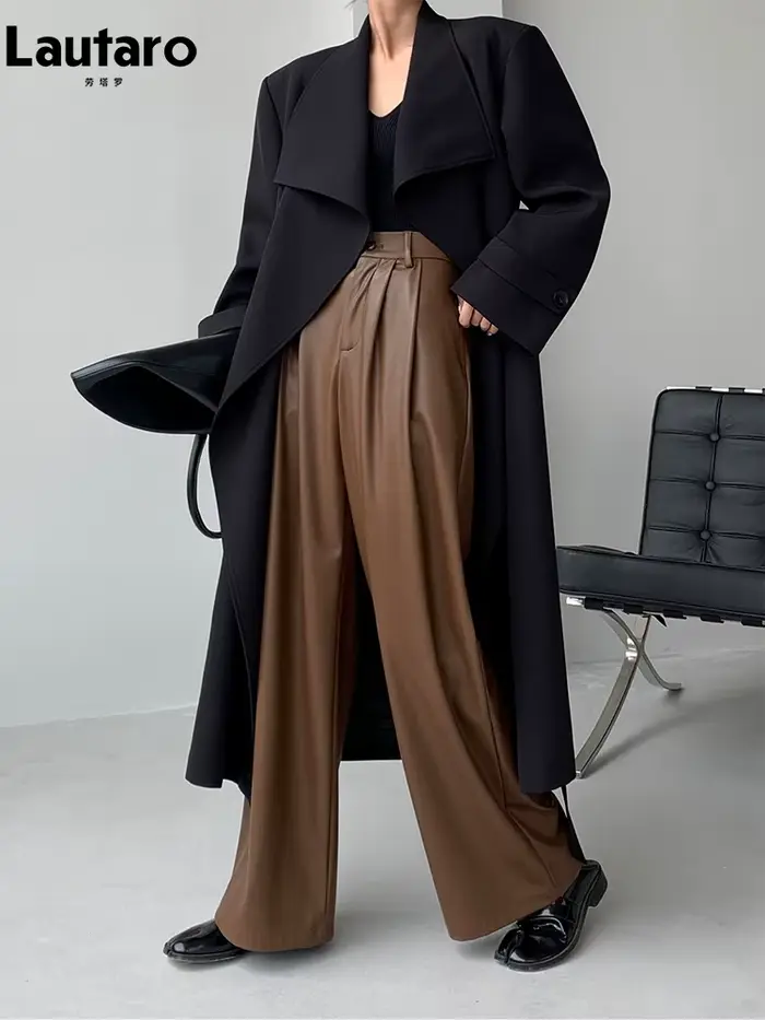 Lautaro - Dámske nohavice so širokými nohavicami z PU kože