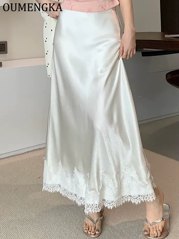 OUMENGKA Letná francúzska elegantná saténová morská panna sukňa pre ženy čipka patchwork elastický pás dlhá a-línia sukne módne dámy