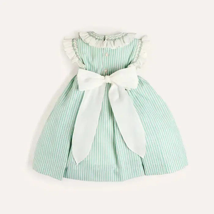 Robes d'été élégantes sans manches pour filles, couleur verte, rayées, avec col smocké à volants fai